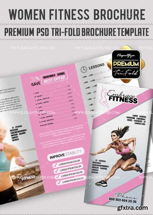 Women Fitness V9 Premium Tri-Fold PSD Brochure Template