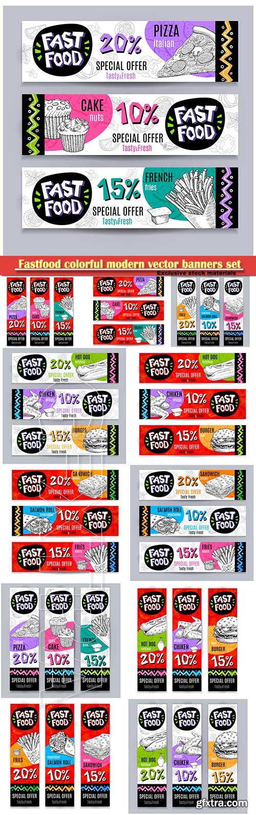 Fast Food colorful modern vector banners set