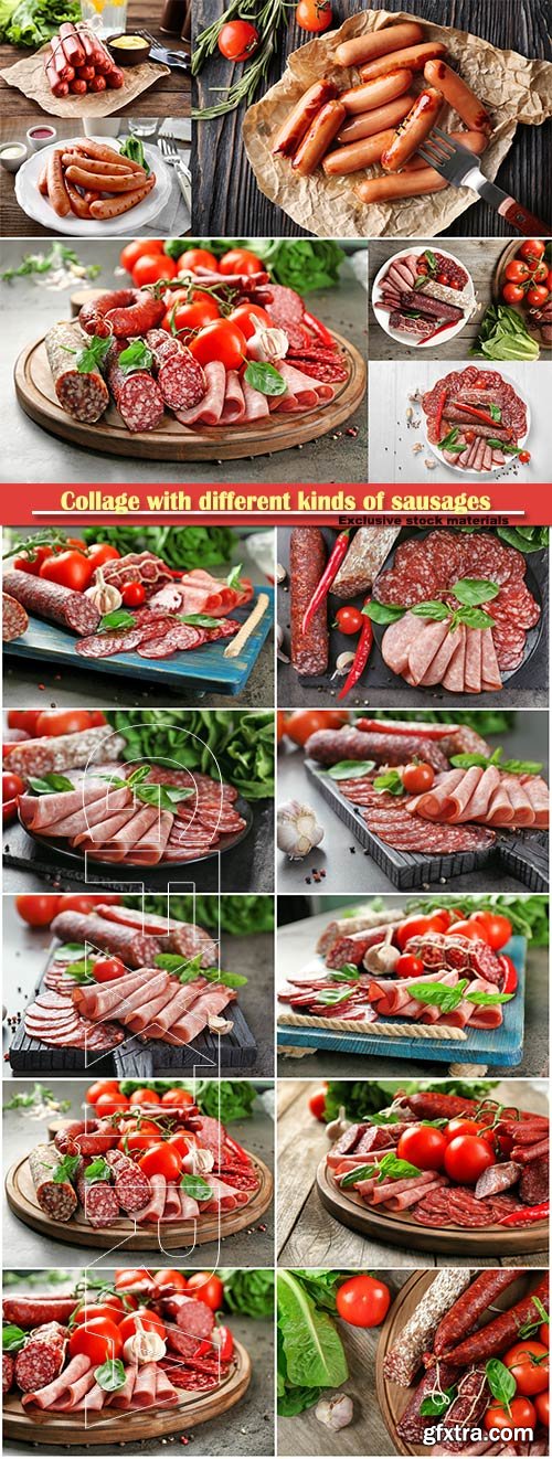 Collage with different kinds of sausages with vegetables