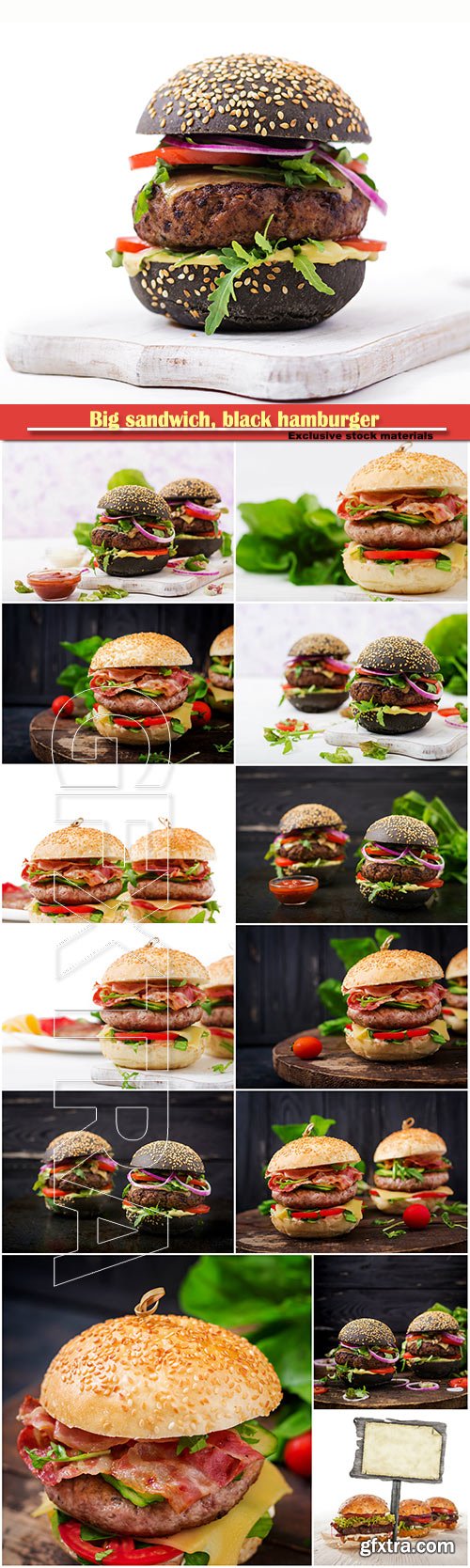 Big sandwich, black hamburger with juicy beef burger, cheese, tomato, and red onion on black background