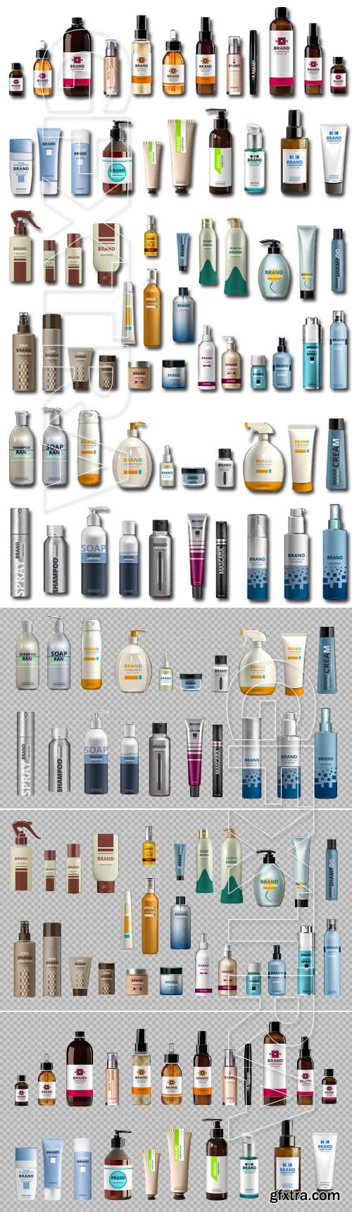 Digital Vector Realistic Bottles Set Collection Mockup, Cosmetics body care and hair care