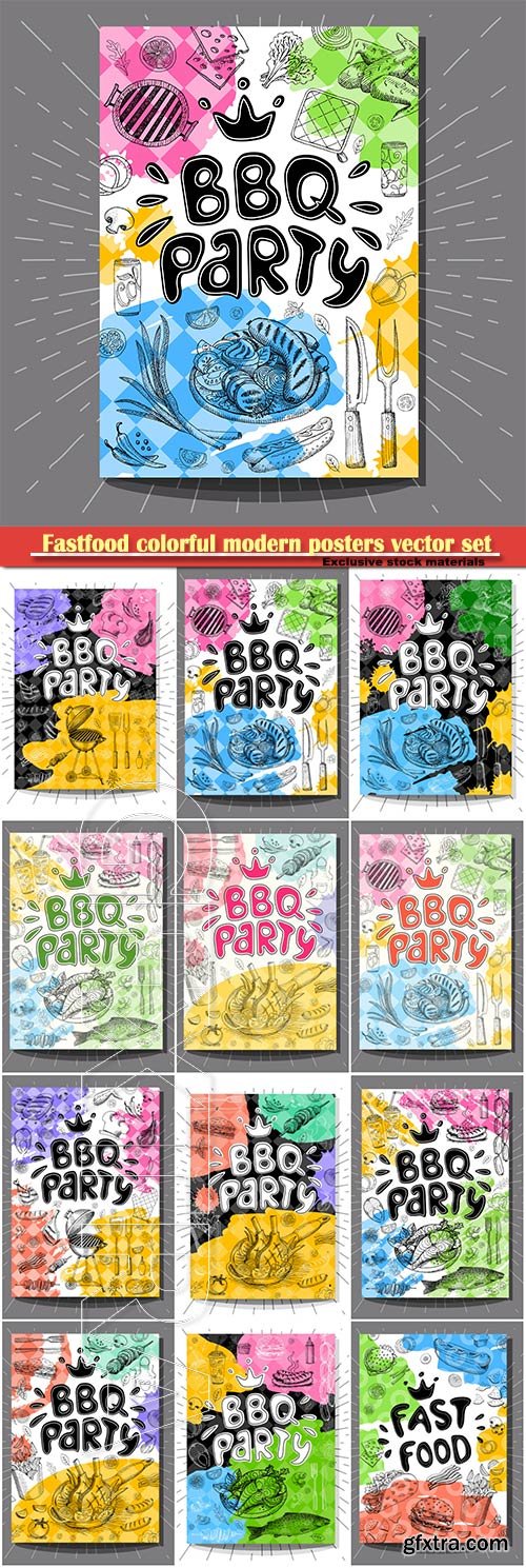 Fastfood colorful modern posters vector set