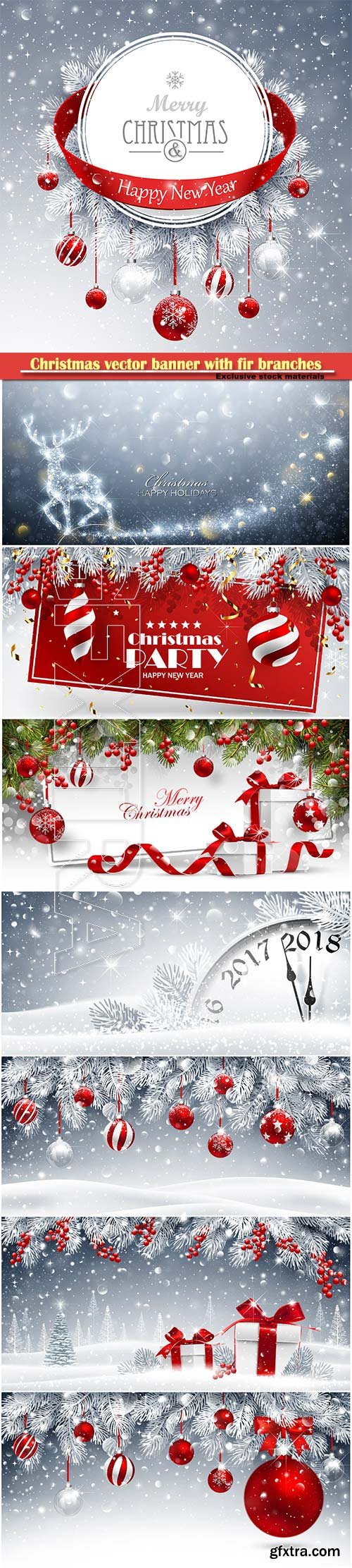 Christmas vector banner with fir branches and red balls on snow sparkling background
