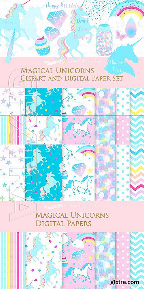 CM - Magical Unicorns Clipart Pattern set 1316025