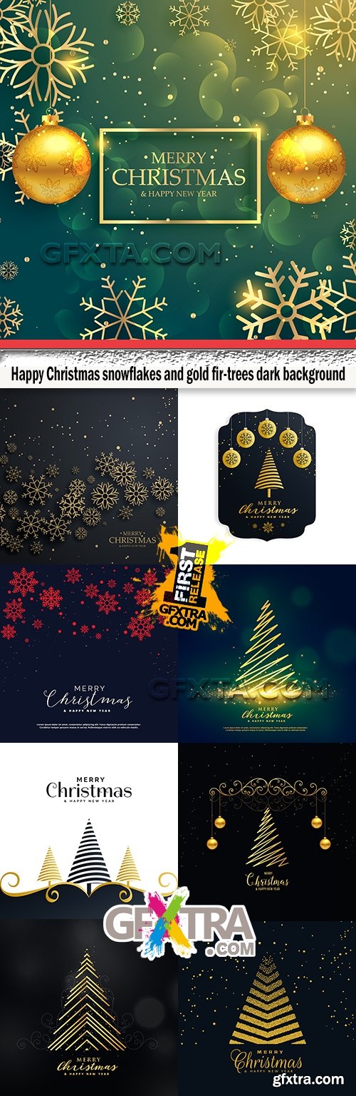 Happy Christmas snowflakes and gold fir-trees dark background