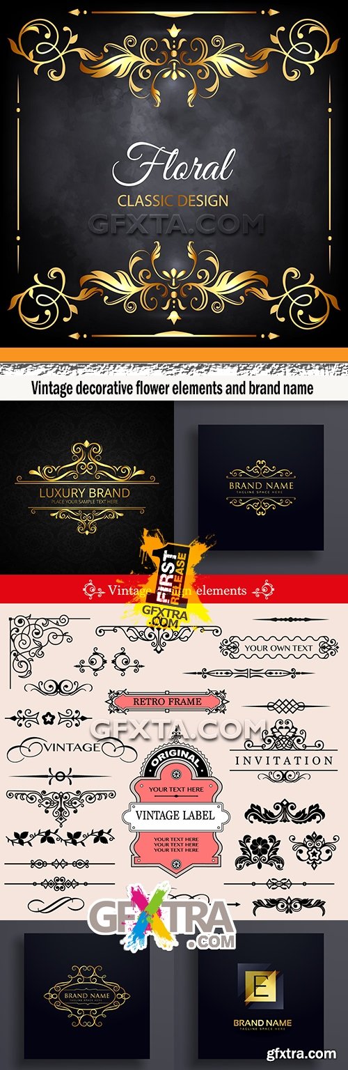 Vintage decorative flower elements and brand name