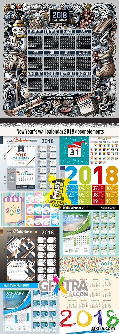 New Year\'s wall calendar 2018 decor elements