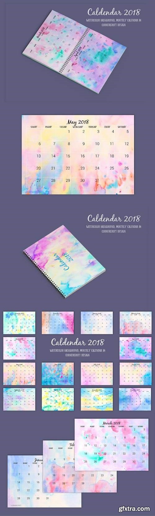 2018 Monthly Calendar Watercolor Abstract