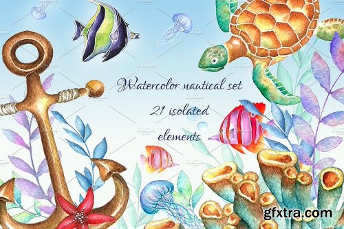 CreativeMarket Nautical watercolor clipart set 2028373