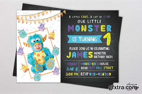 CreativeMarket - Birthday Invitation Card Monster 2035535