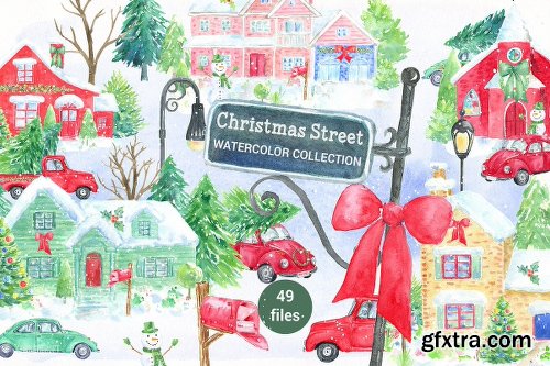 CreativeMarket Watercolor Christmas Street 2061412
