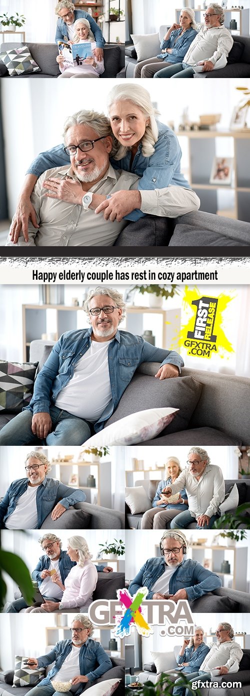 Happy elderly couple has rest in cozy apartment