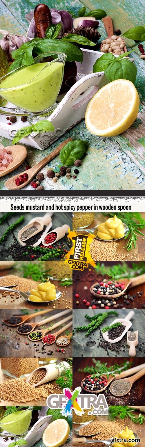 Seeds mustard and hot spicy pepper in wooden spoon