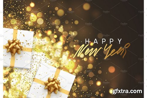 CM - Happy New Year. Christmas background with gift box and golden lights bokeh. 2025020