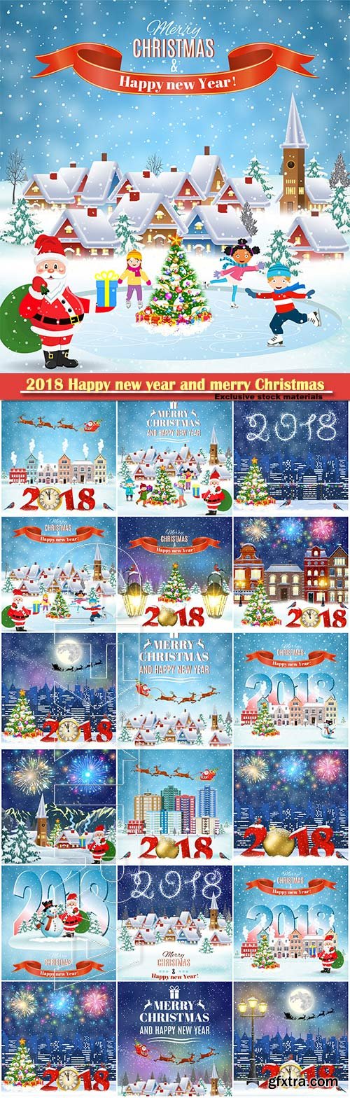 2018 Happy new year and merry Christmas vector, winter old town street with christmas tree, fireworks in the sky