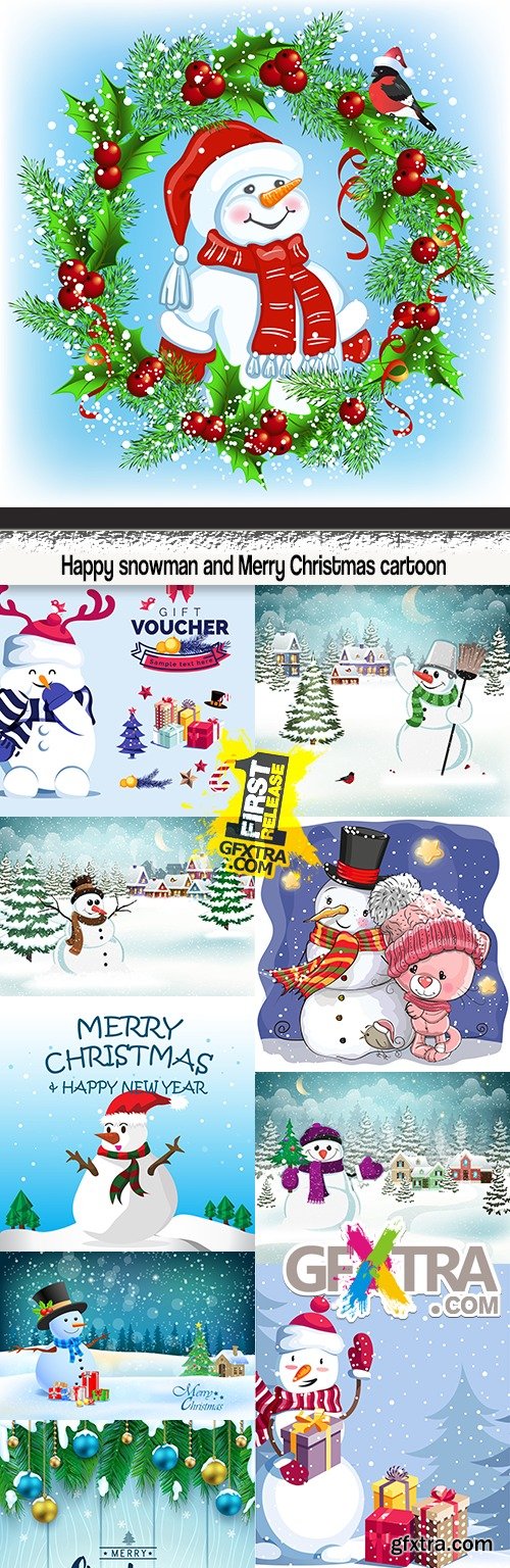 Happy snowman and Merry Christmas cartoon