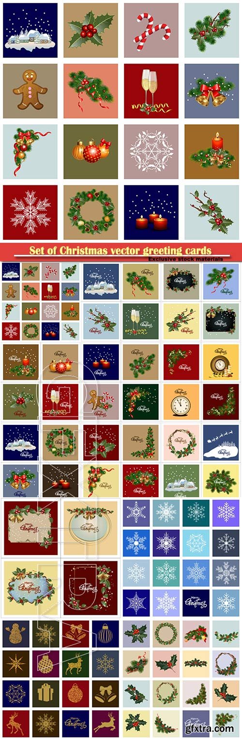 Set of Christmas vector greeting cards, holiday backgrounds, cards with frames, ornaments and decorations
