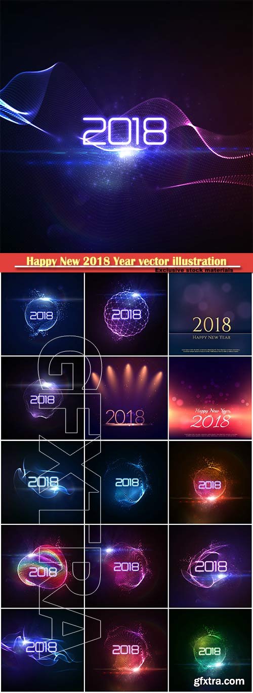 Happy New 2018 Year vector holiday illustration of glowing neon 2018 sign with shiny abstract wave and sparkles