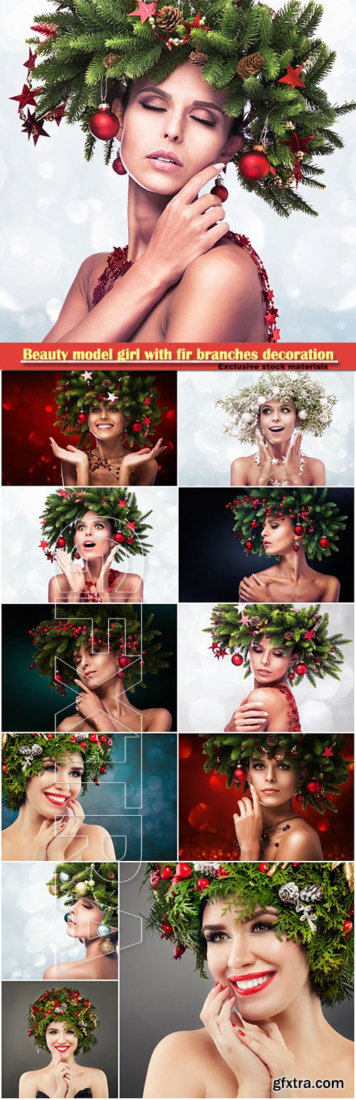 Beauty fashion model girl with fir branches decoration