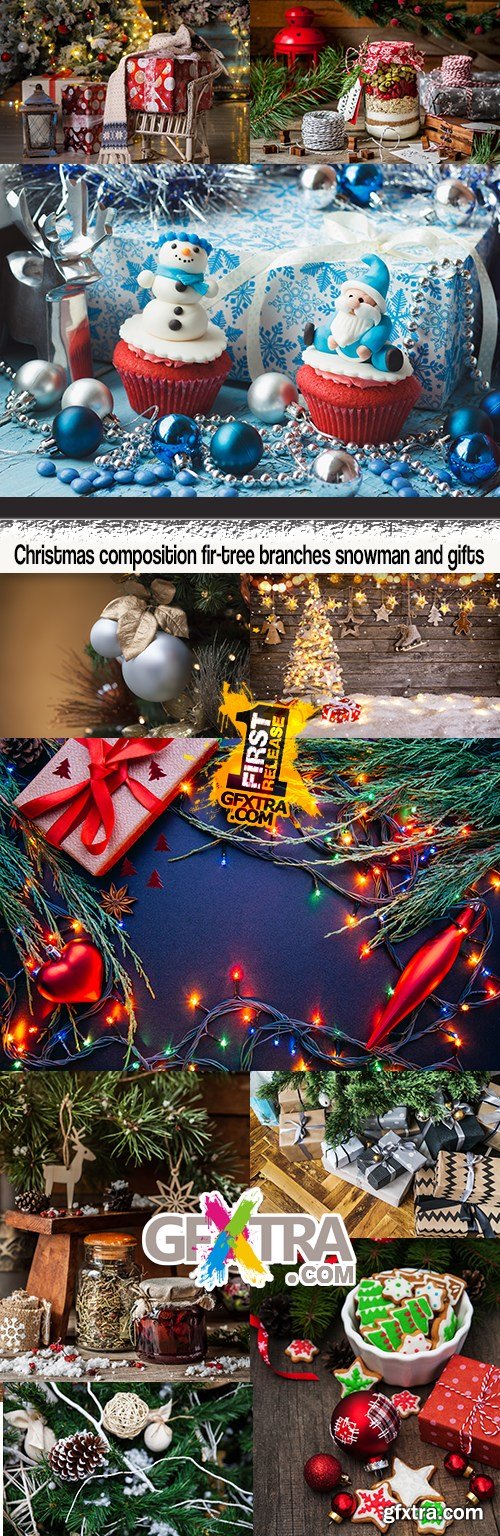 Christmas composition fir-tree branches snowman and gifts
