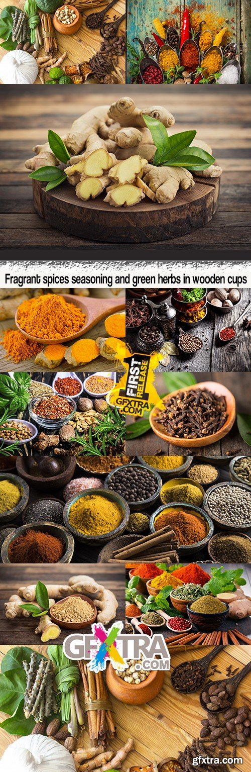 Fragrant spices seasoning and green herbs in wooden cups