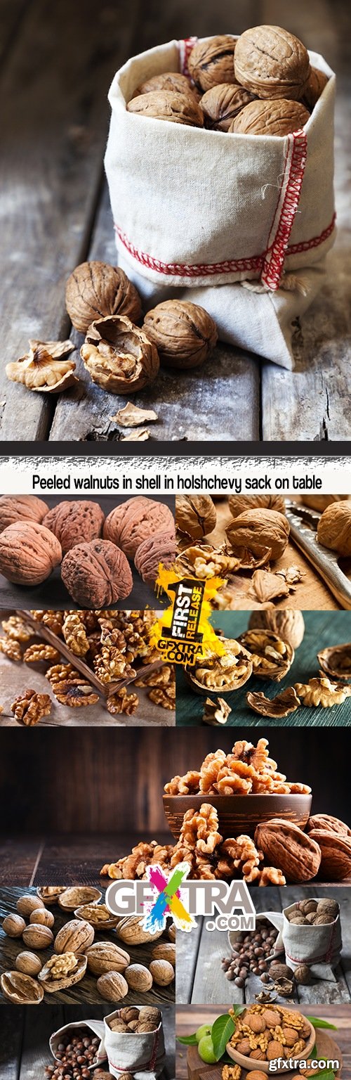 Peeled walnuts in shell in holshchevy sack on table