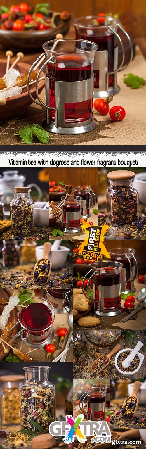 Vitamin tea with dogrose and flower fragrant bouquet