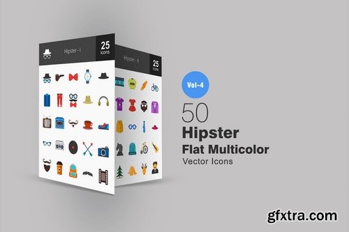 50 Hipster Flat Multicolor Icons
