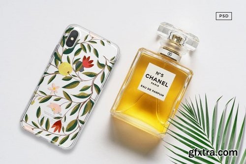 iPhone X Mock Up With Chanel Bottle