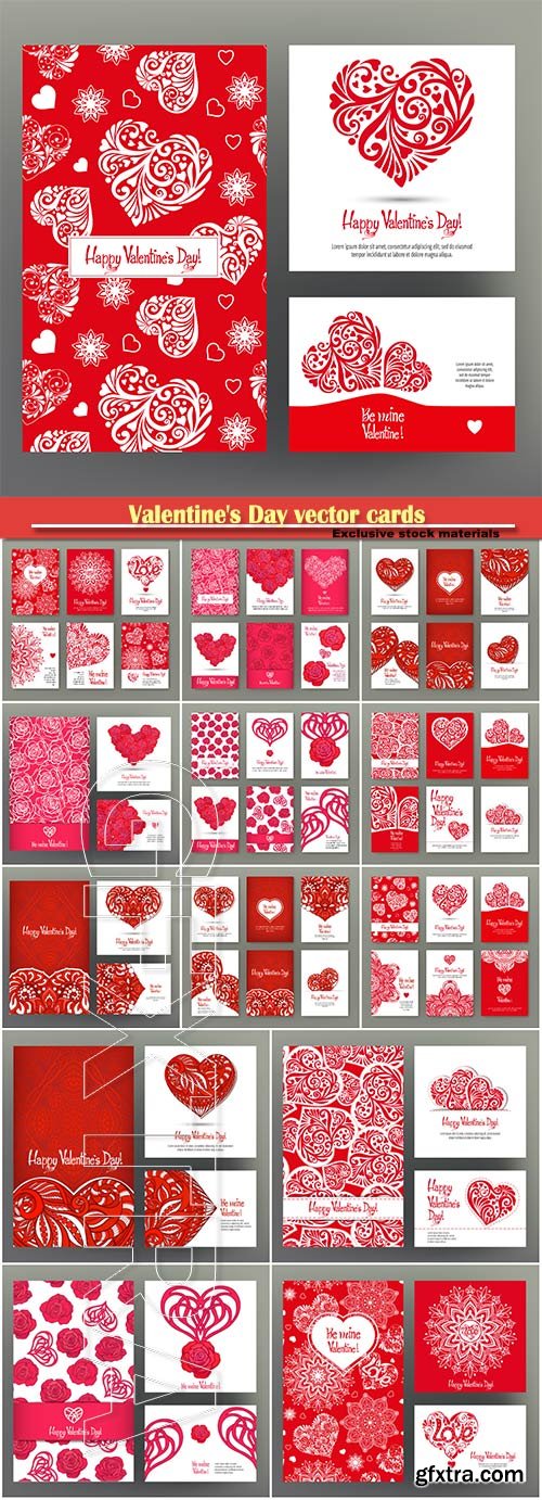 Valentine\'s Day vector cards or banners for with ornate red love hearts, red roses and beautiful design elements and inscriptions
