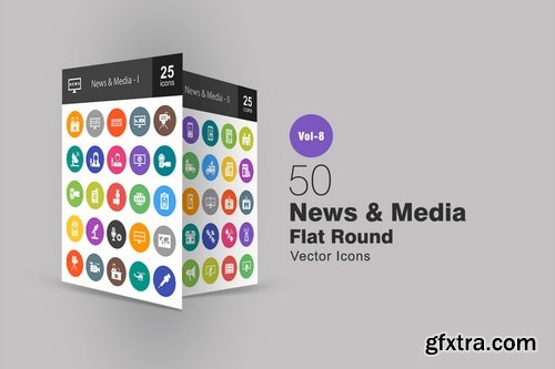 50 News & Media Flat Round Icons