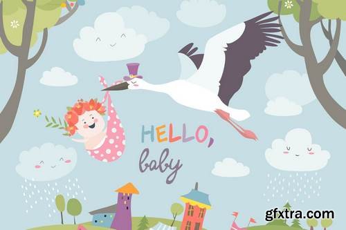 Stork is flying in the sky with baby