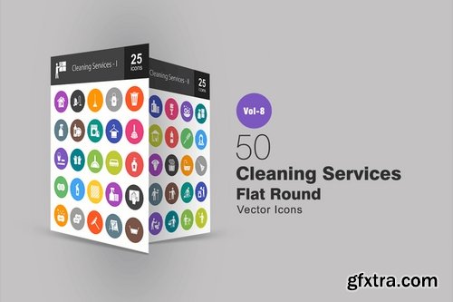 50 Cleaning Services Flat Round Icons