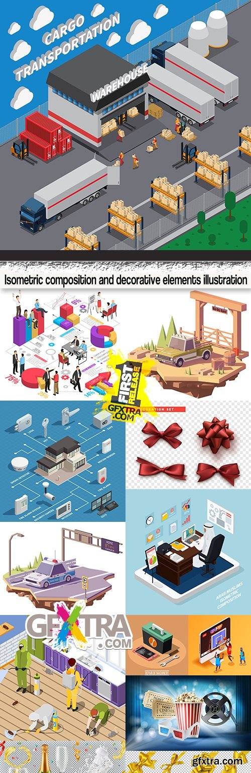 Isometric composition and decorative elements illustration