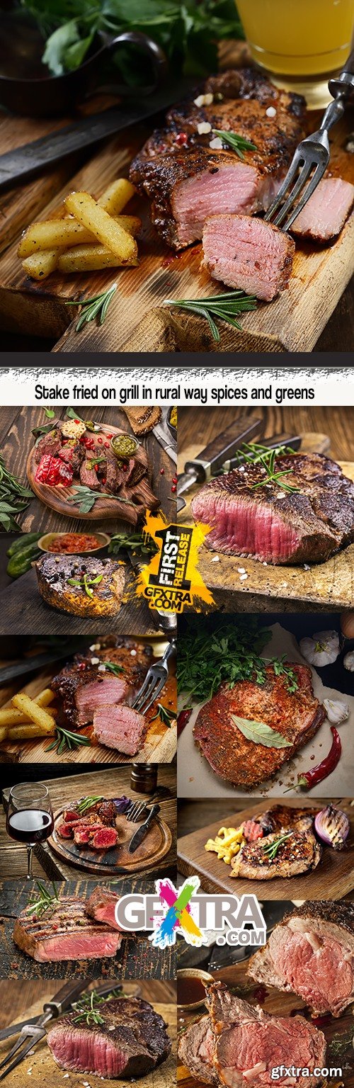 Stake fried on grill in rural way spices and greens