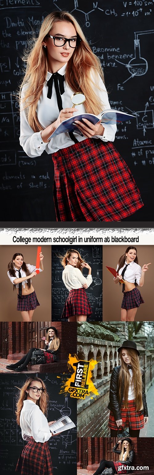 College modern schoolgirl in uniform at blackboard