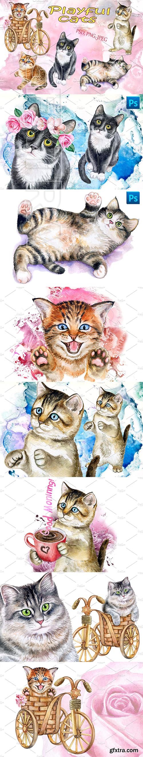 CreativeMarket - Playful cats Watercolor 2220088