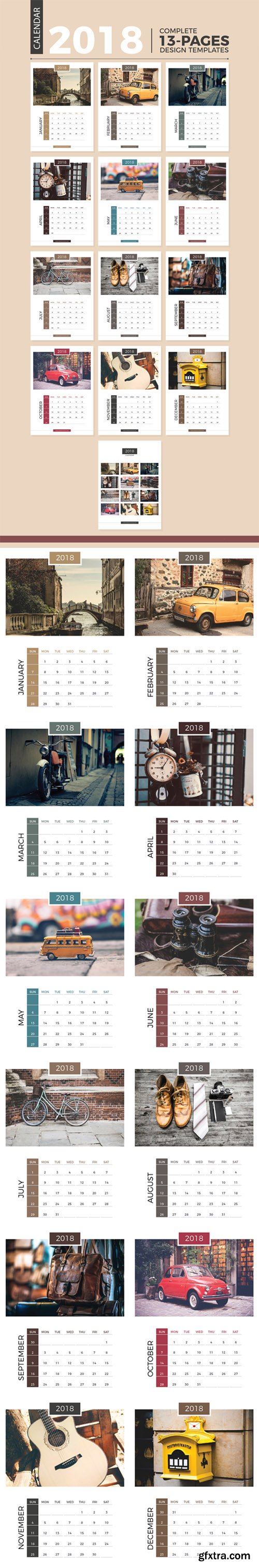 13 Pages Complete 2018 Calendar Vector Design Templates