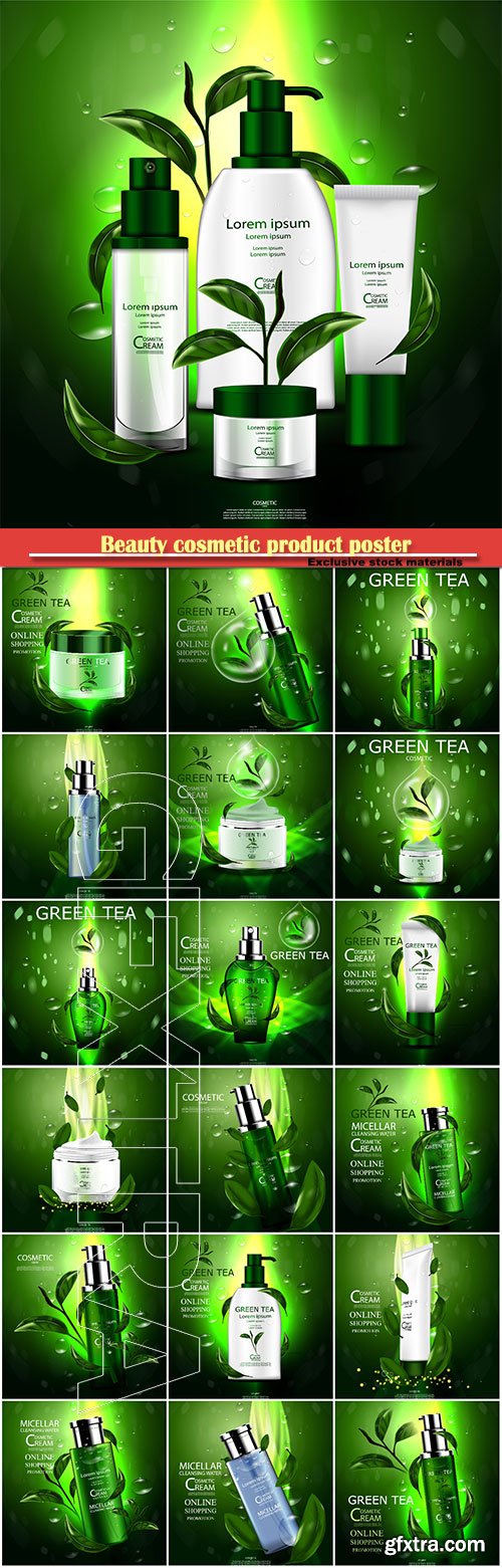 Beauty cosmetic product poster, cosmetic bottle package skin care cream, green tea serum