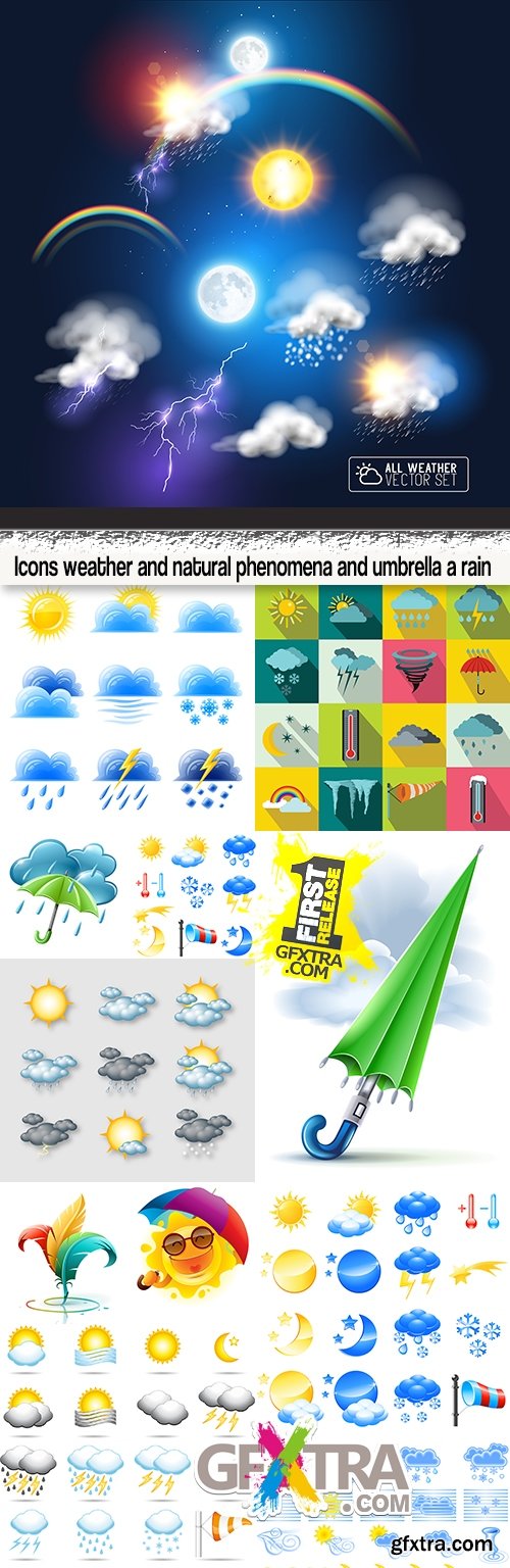 Icons weather and natural phenomena and umbrella a rain