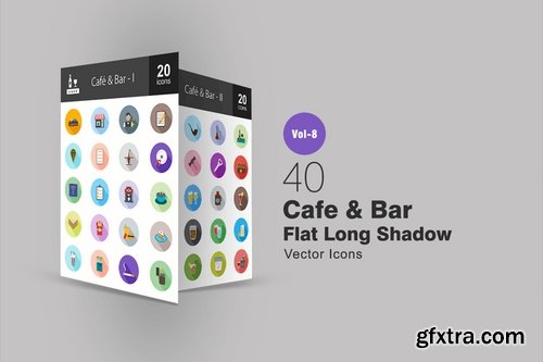 40 Cafe & Bar Flat Shadowed Icons