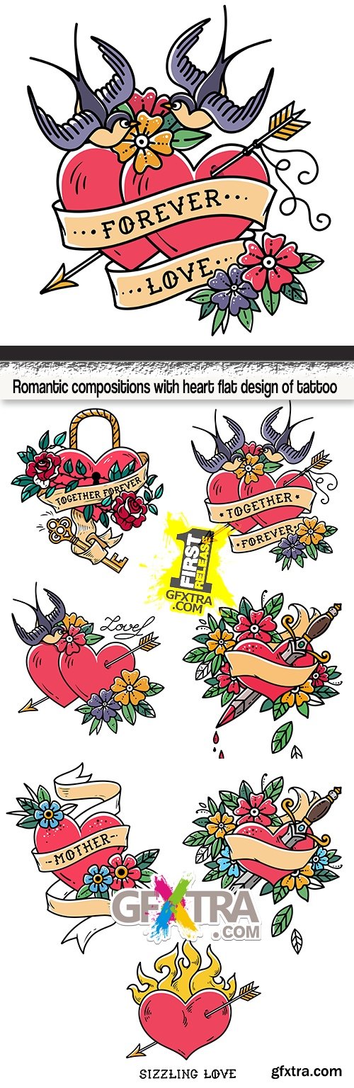 Romantic compositions with heart flat design of tattoo