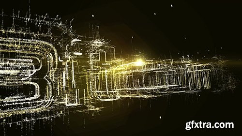 Particle animation of the word bitcoin on black background
