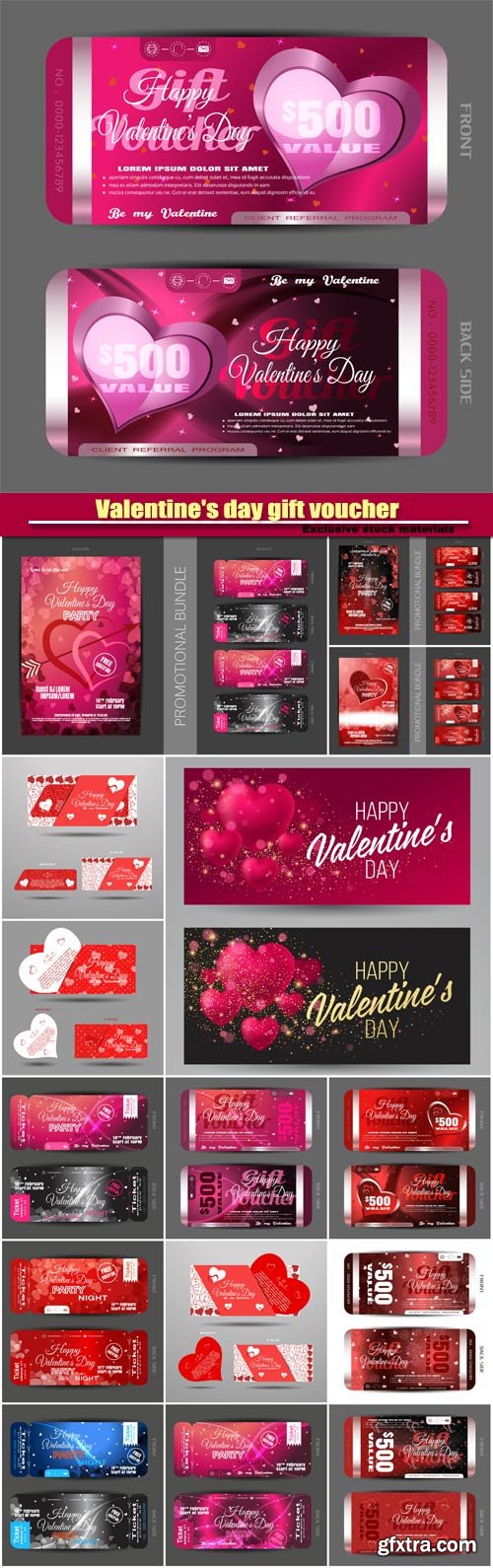 Vector set of greeting card and happy Valentine\'s day gift voucher