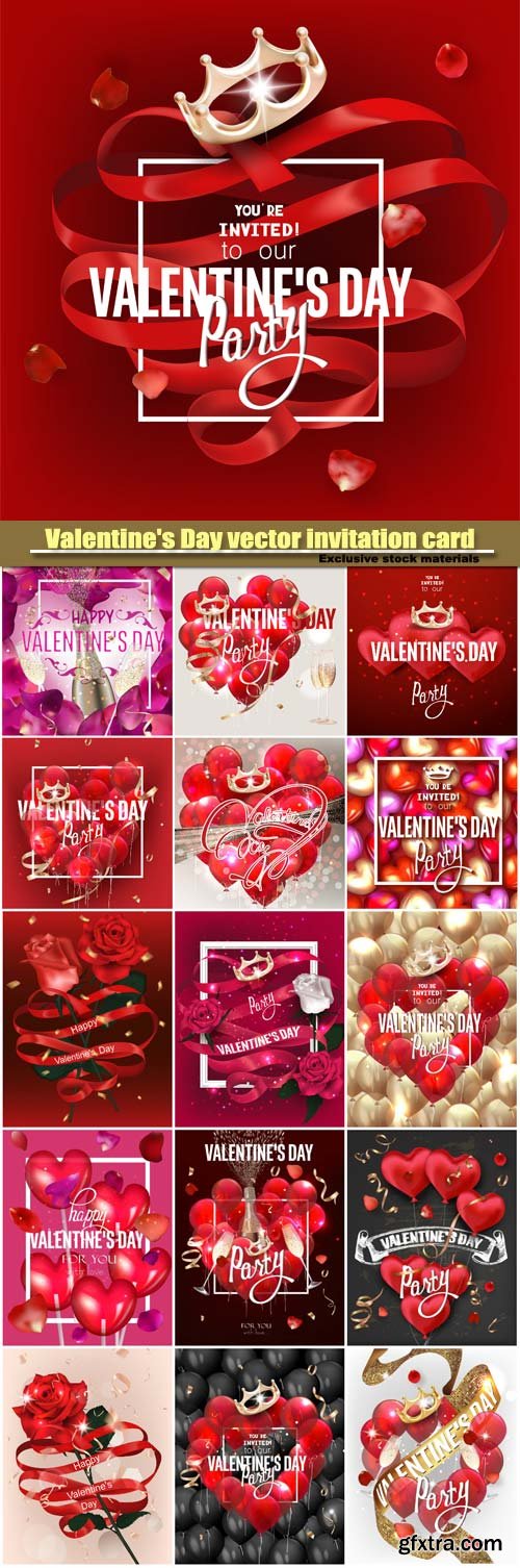 Valentine\'s Day vector invitation card, vip cards with with red hearts and crown