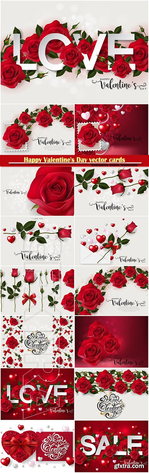 Happy Valentine\'s Day vector cards, red roses and hearts, romantic backgrounds