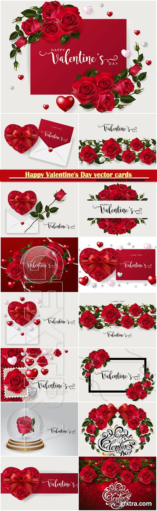 Happy Valentine\'s Day vector cards, red roses and hearts, romantic backgrounds # 2