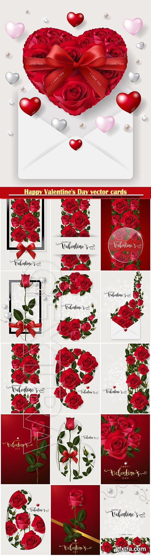 Happy Valentine\'s Day vector cards, red roses and hearts, romantic backgrounds # 3