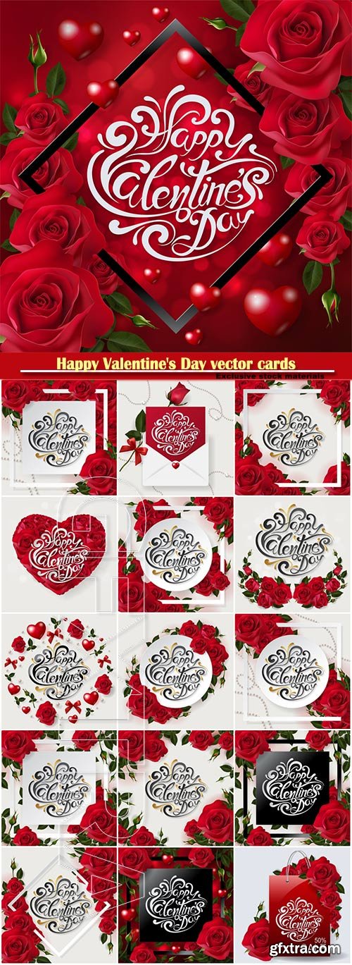 Happy Valentine\'s Day vector cards, red roses and hearts, romantic backgrounds # 6