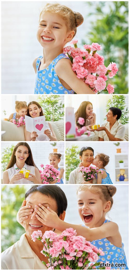 Happy mother and daughter with a bouquet of flowers